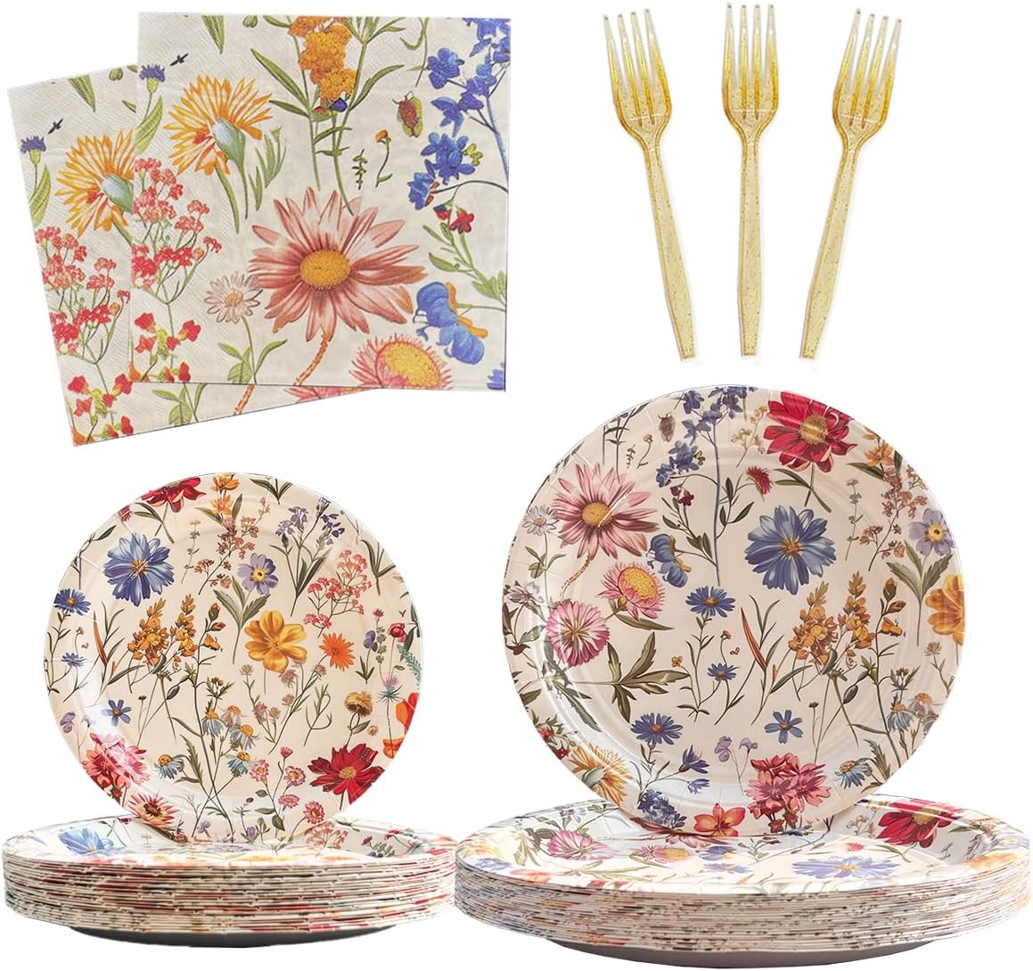 96 Pcs Wildflower Party Supplies Paper Plates and Napkins Spring Floral Baby Shower