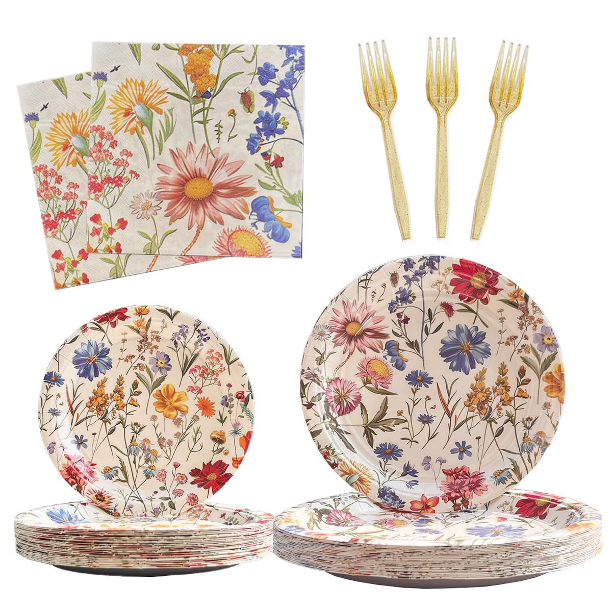 96 Pcs Wildflower Party Supplies Paper Plates and Napkins Spring Floral Baby Shower
