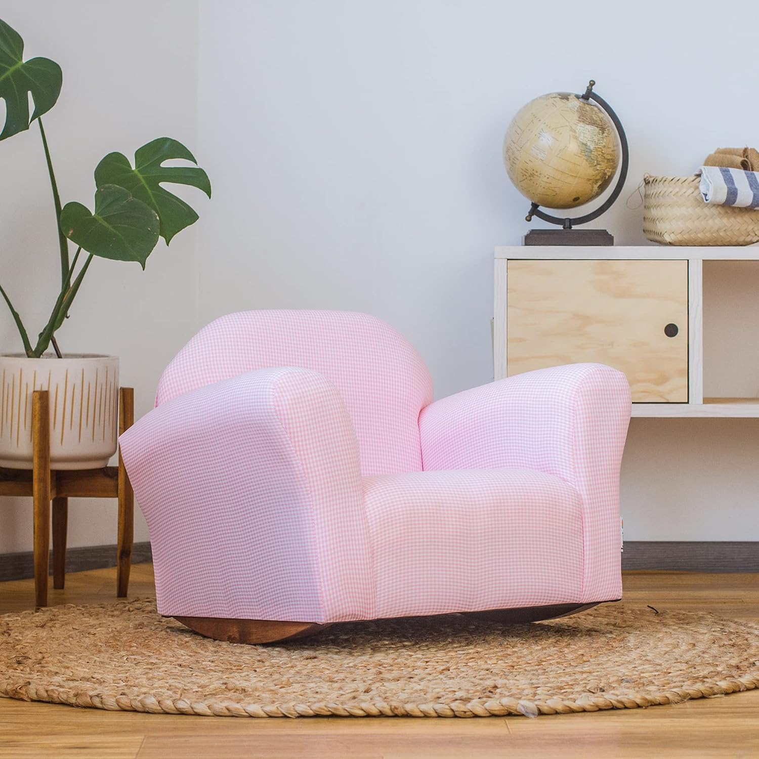 Kids Gingham Rocking Chair Pink Microsuede Ages 2-5