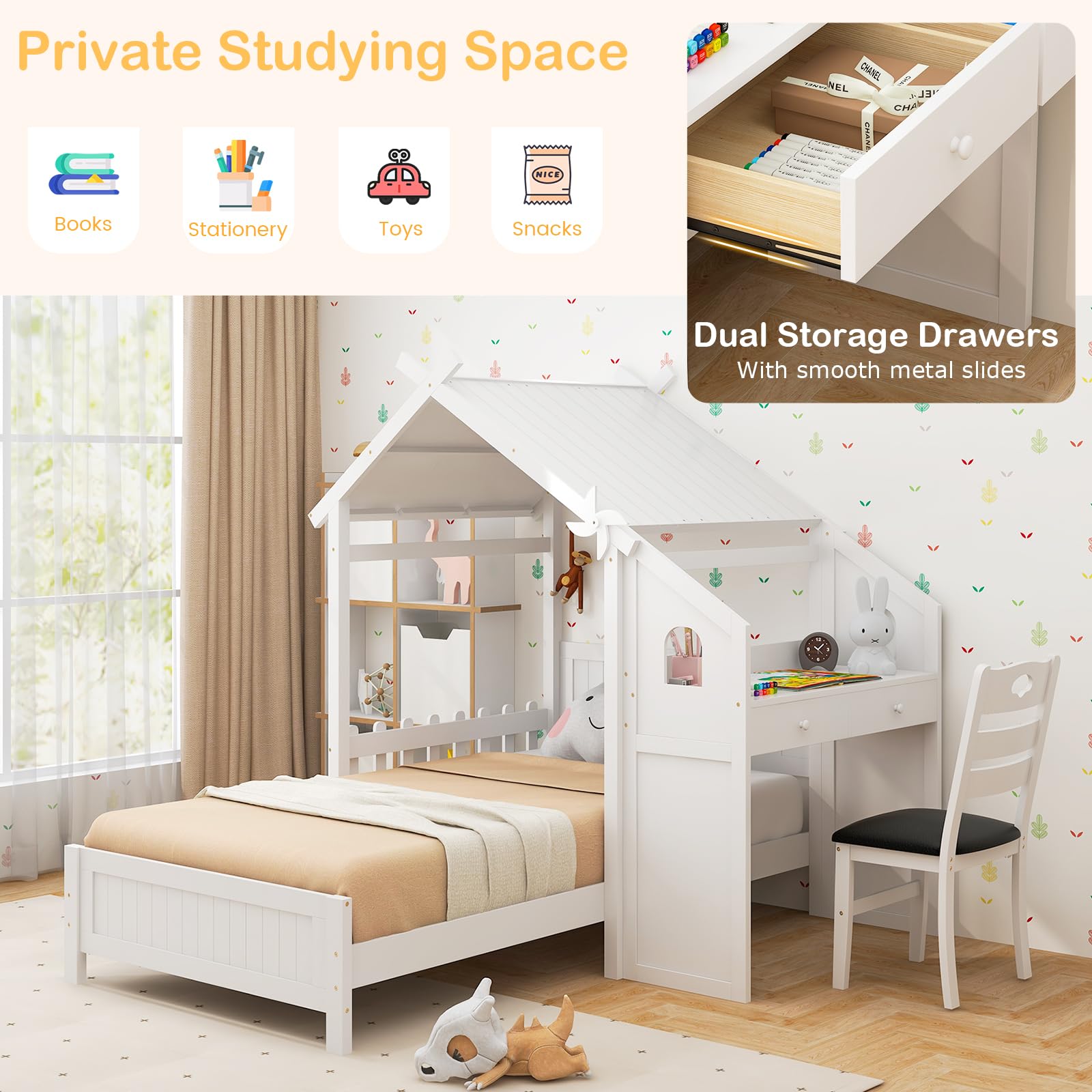 Giantex Twin House Bed with Desk & Chair, Wood Kids Playhouse Bed with 2 Drawers, Windmill, Fence & Headboard, Twin House Bed for Kids Teens, No Box Spring Needed, White