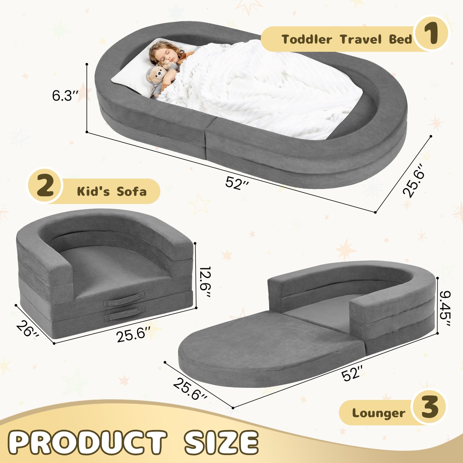 3-in-1 Portable Toddler Travel Bed with Washable Cover