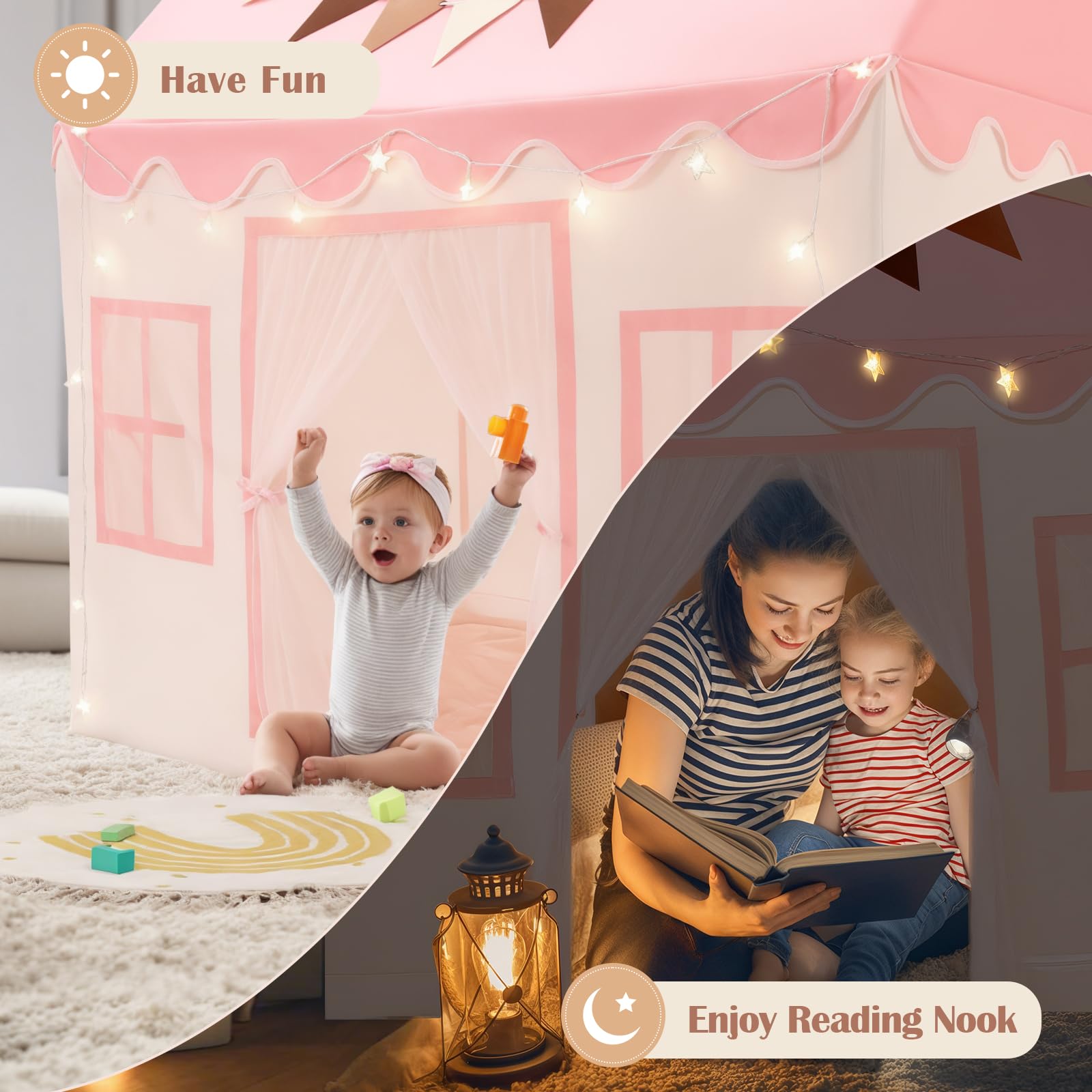 Hopeseily Kids Play Tent with Non-Slip Mat, Star String, Decorating Flag, Machine Washable Large Playhouse, Indoor and Outdoor Play Tent for Kids, Pink, 47" x 40" x 52"