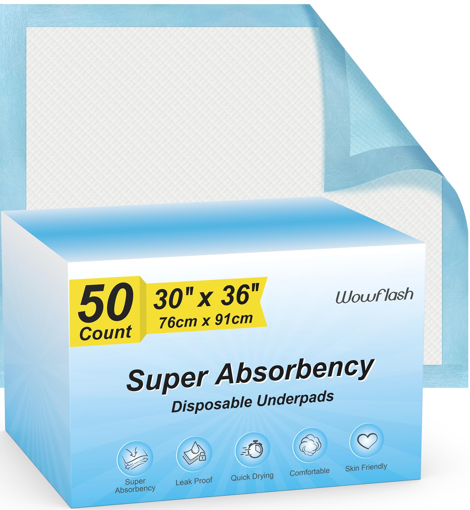 50 Count 30” x 36” Super Absorbency Disposable Underpads, Leakproof Quick Drying