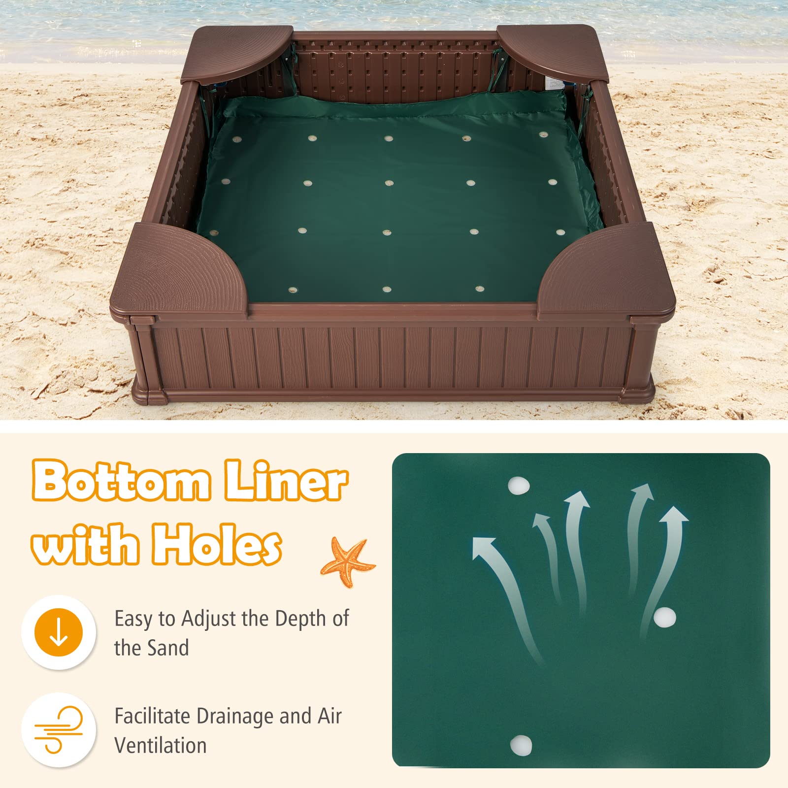 Kids Sandbox with Cover 48x48 Inch HDPE Outdoor Play Pit
