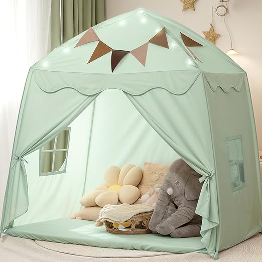 Extra Large Kids Play Tent with Flags & Star Lights, Portable & Foldable Teepee
