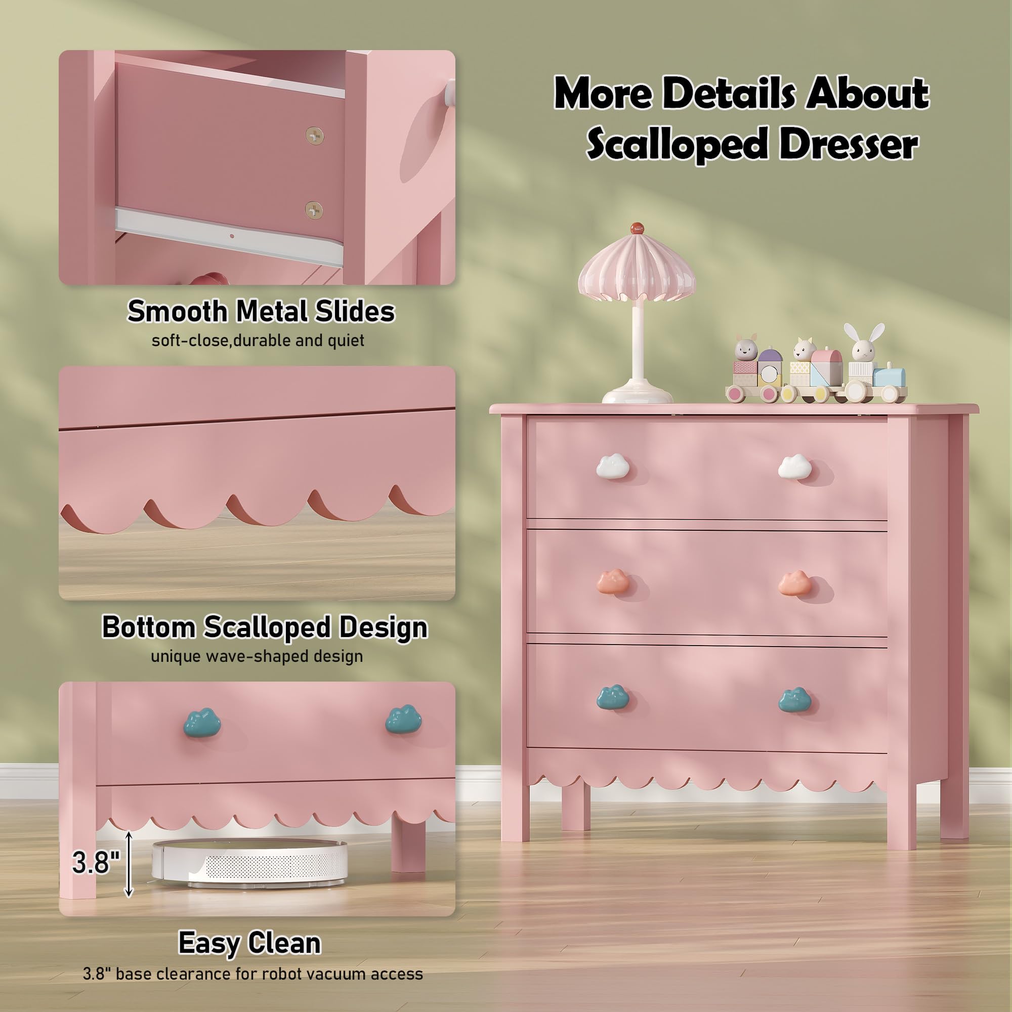 3-Drawer Scalloped Nightstand with Cloud Handles