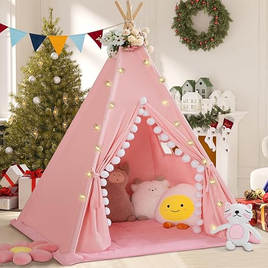 Tent for Kids with Padded Mat Cotton Canvas Kids Tent with Pompom