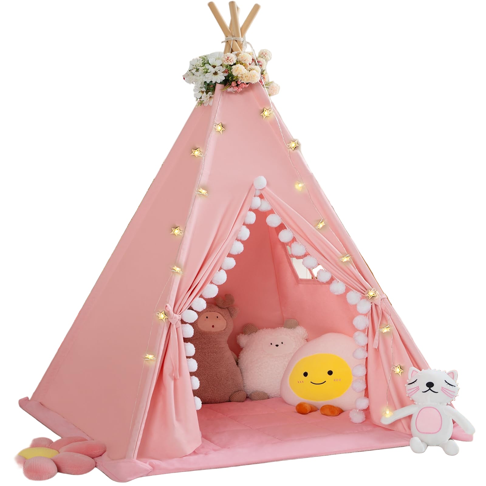 Tent for Kids with Padded Mat Cotton Canvas Kids Tent with Pompom