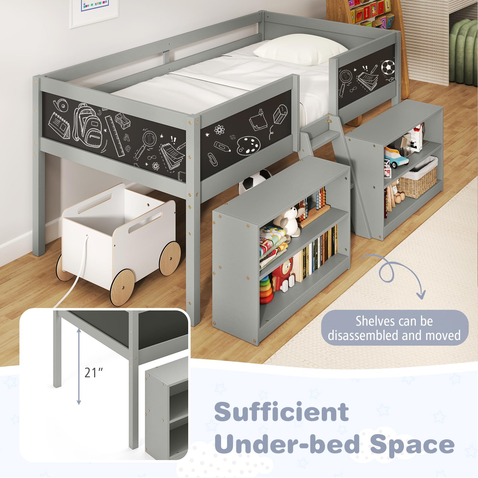 Twin Low Loft Bed with Chalkboard and Storage