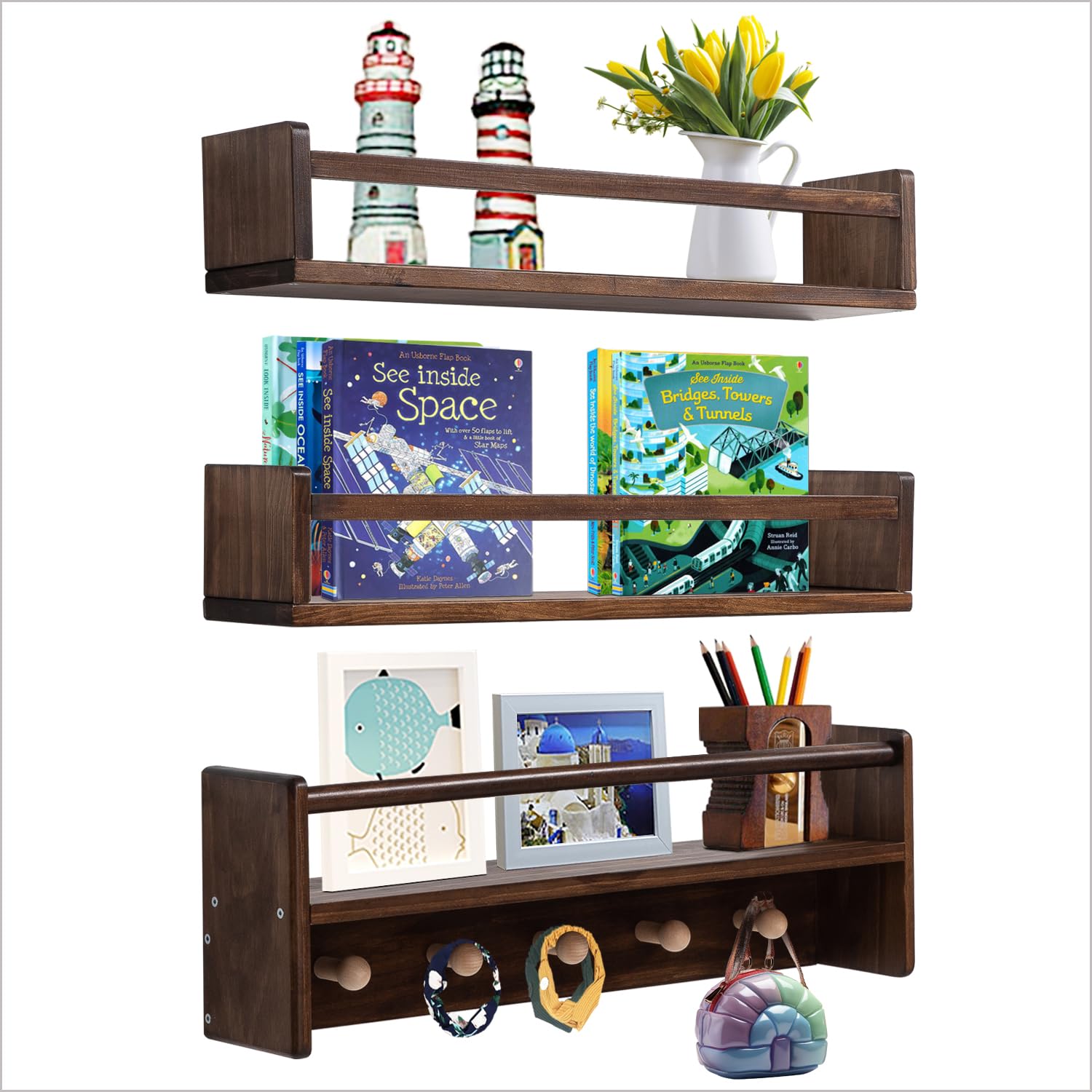 24 Inch Floating Bookshelf Wall Mount Set of 3 with Hooks