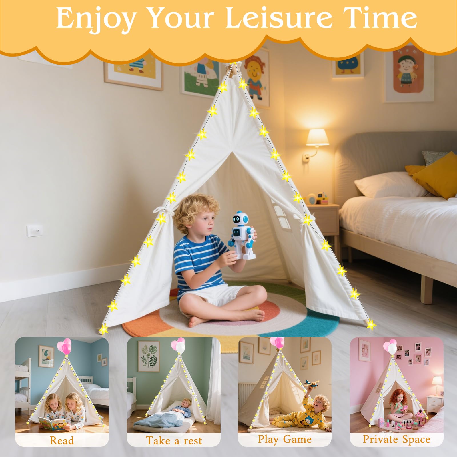Kids Teepee Tent Set with Inflatable Mattress and Decorations