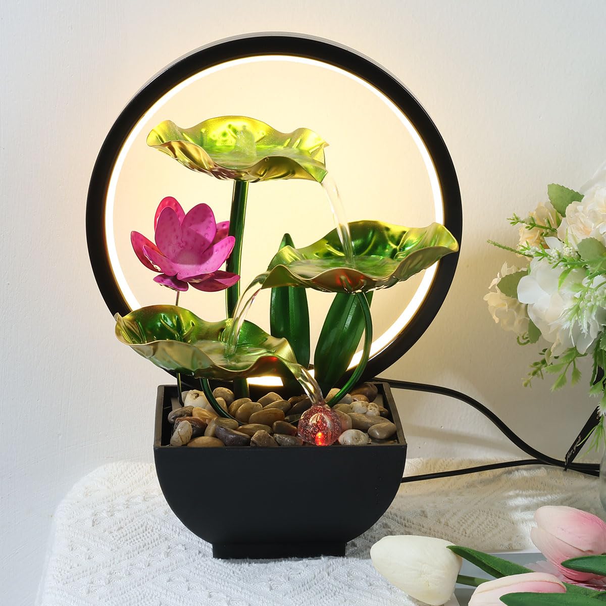 Tabletop Fountain 3-Tiers Leaf,11" Small Waterfall Fountains Indoor