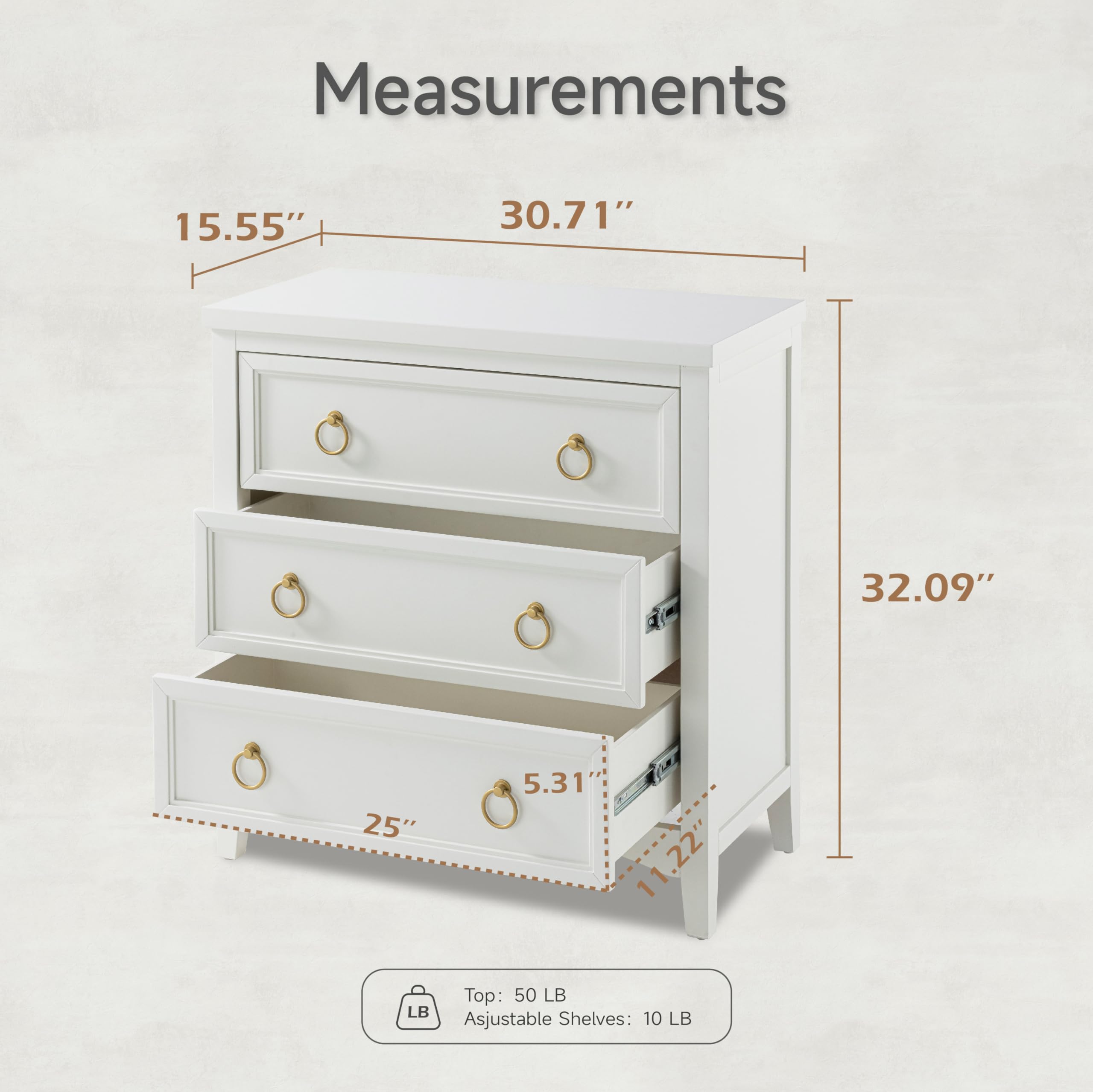 Farmhouse 3-Drawer Dresser Chest with Bronze Ring Handles