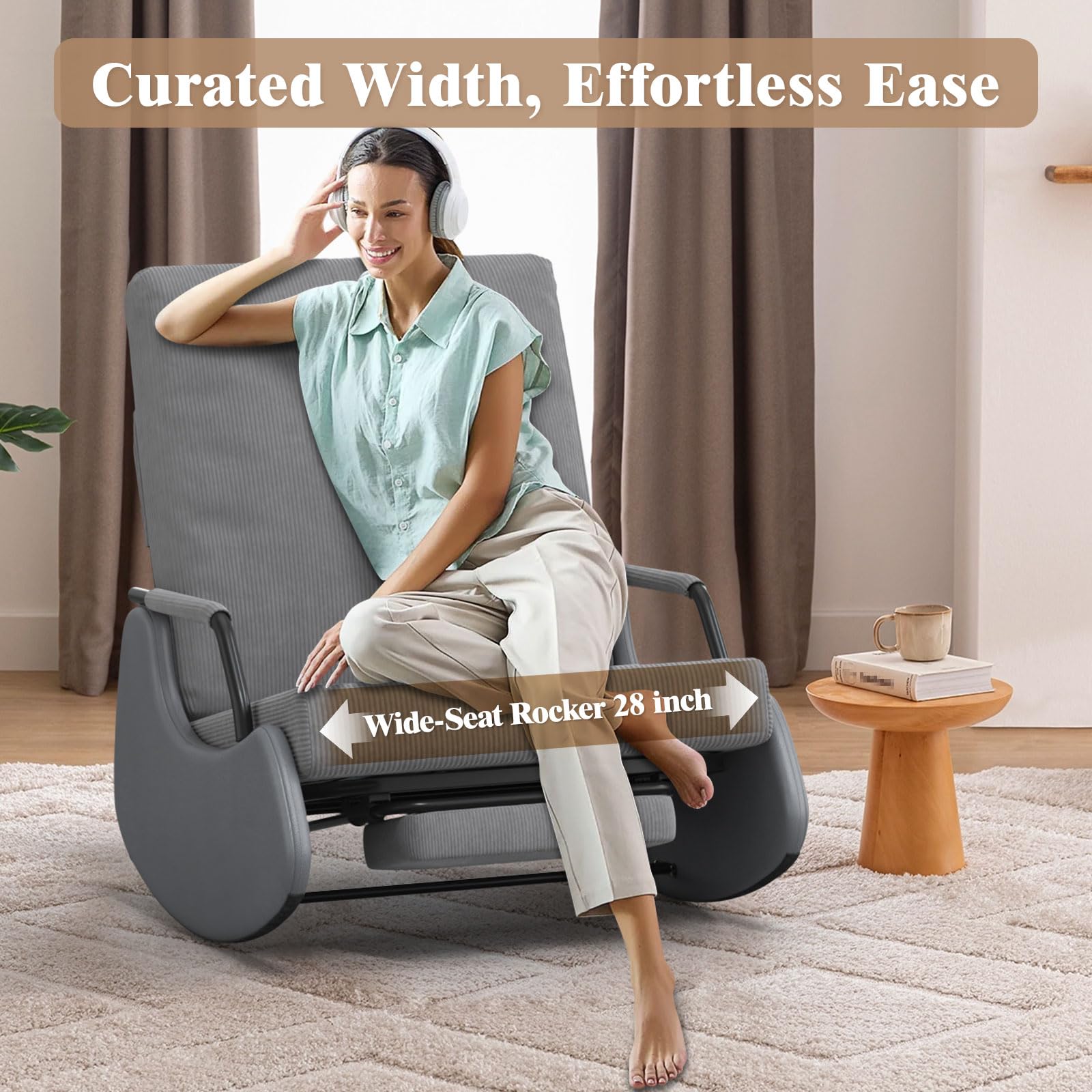 Upholstered Recliner Rocking Chair with Adjustable Backrest and Footrest