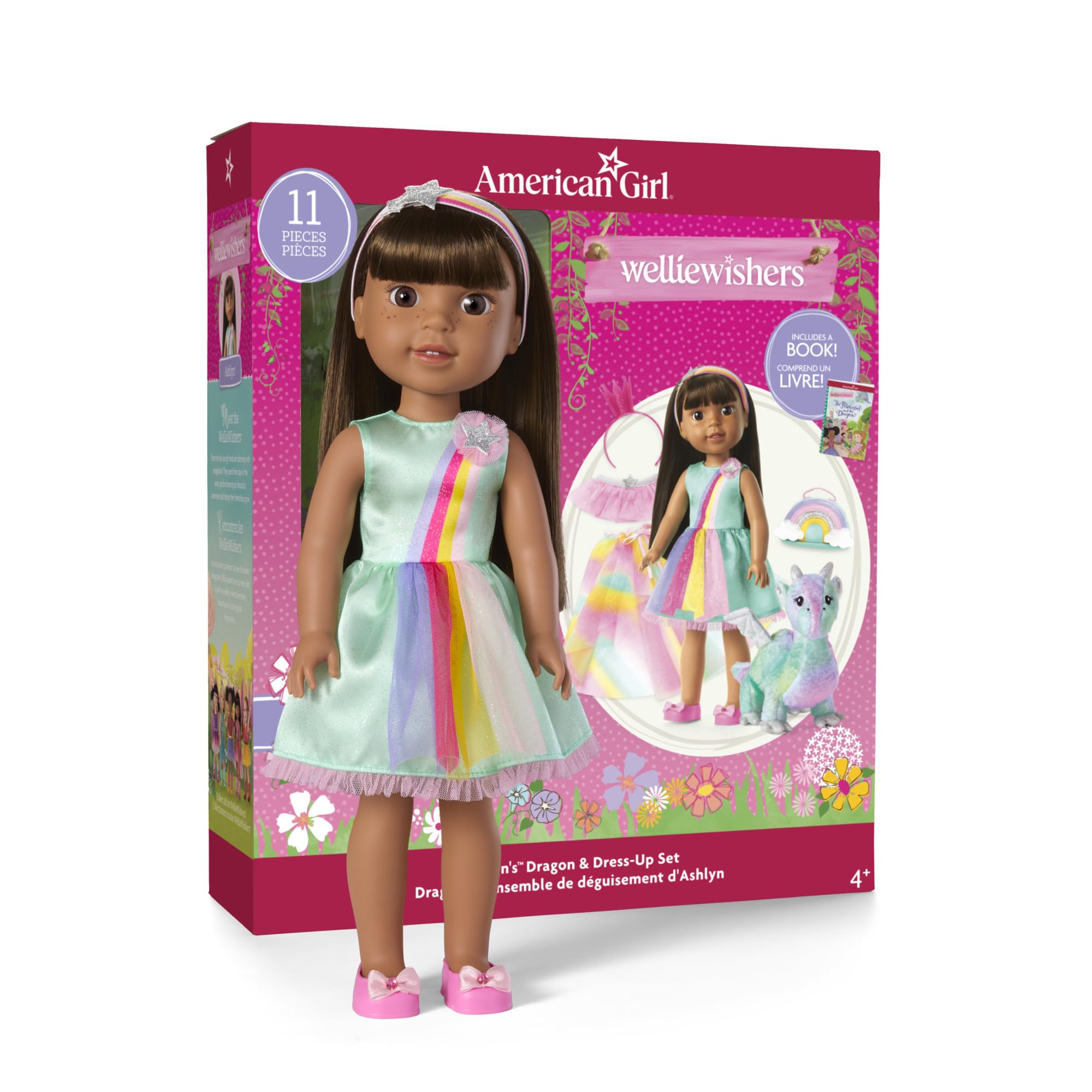 WellieWishers 14.5-inch Ashlyn Doll Playset with Crisella The Dragon, Doll Dress