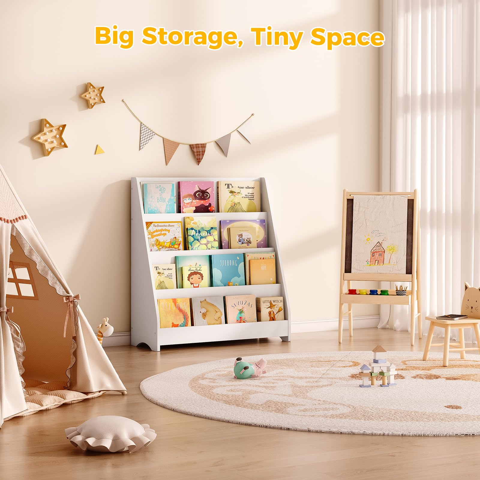 4 Tier Kids Wooden Bookshelf, Toddler Sling Bookcase Montessori