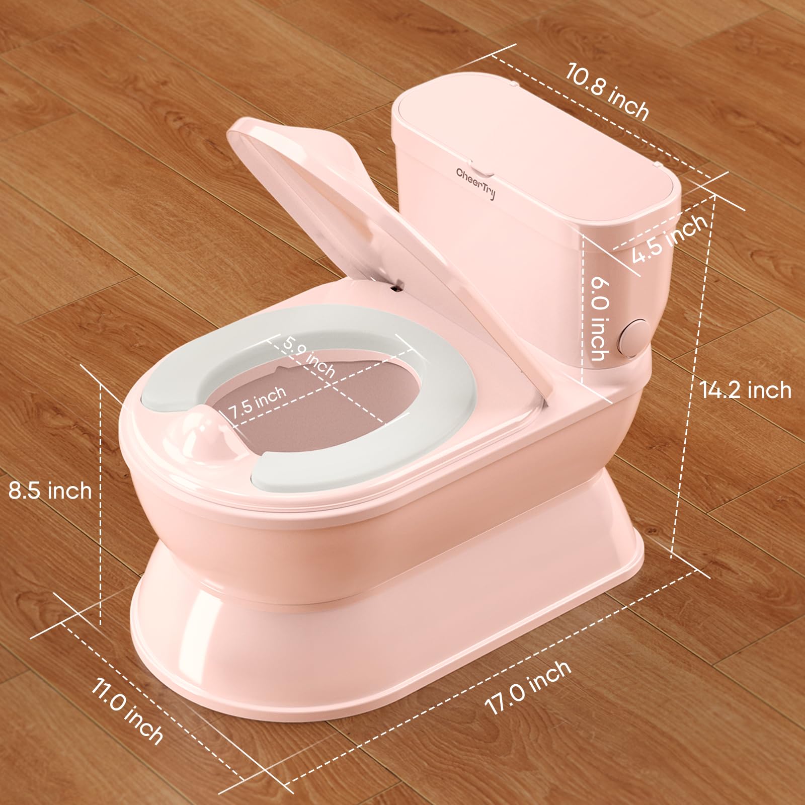 CheerTry 2-in-1 Toddler Potty Training Toilet - Larger Potty Chair & Detachable Training Seat for Boys & Girls Ages 1-3 with Flushing Sound, Wipes Storage, Toilet Paper Holder