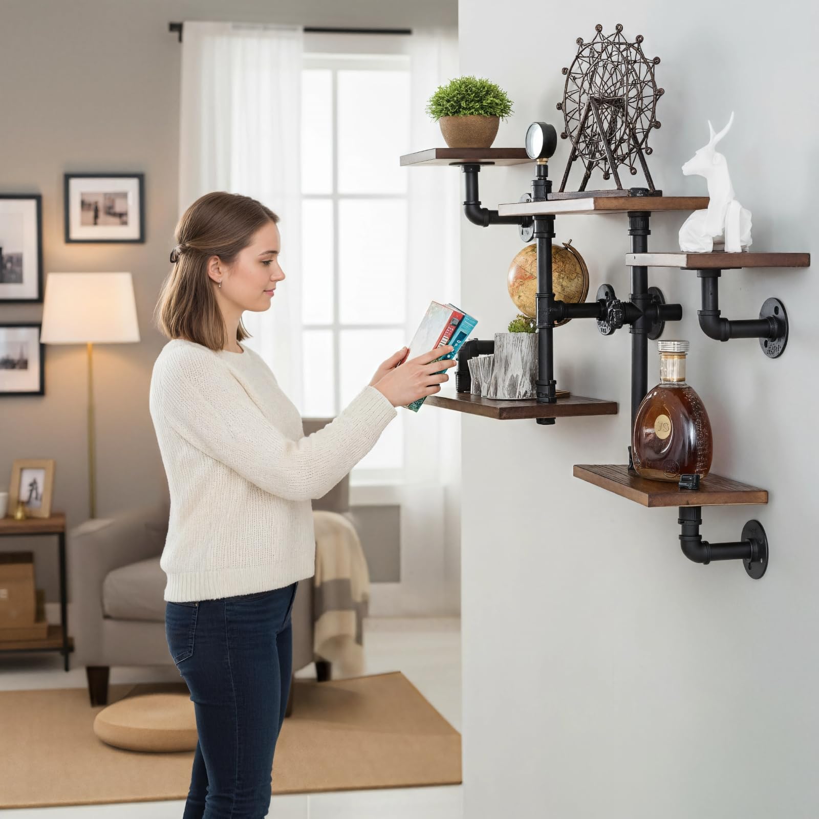 Industrial Wood Ladder Pipe Wall Shelves