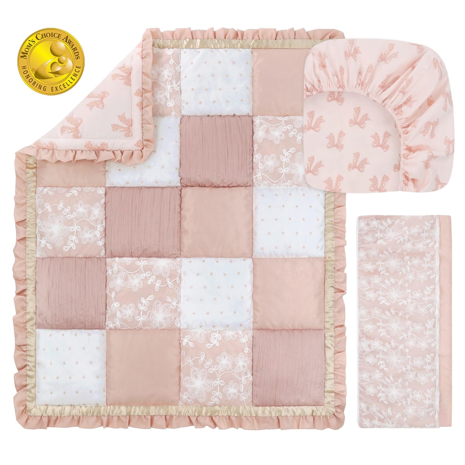 3 Piece Baby Crib Bedding Set for Girls - Cotton Fitted Crib Sheet, Layered Dust Ruffle