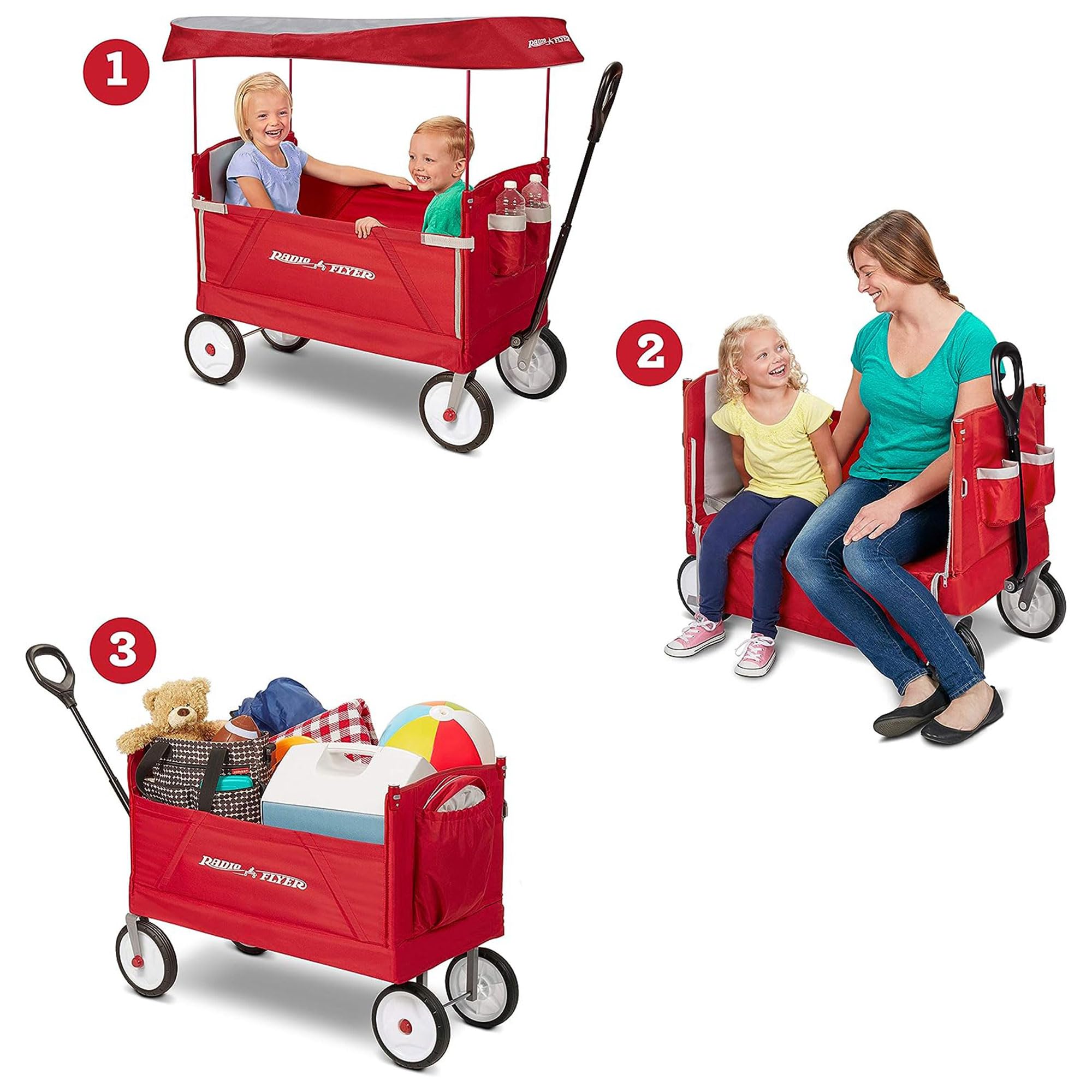 3 in 1 EZ Fold Stroller Wagon with Canopy and Adjustable Handle, Red