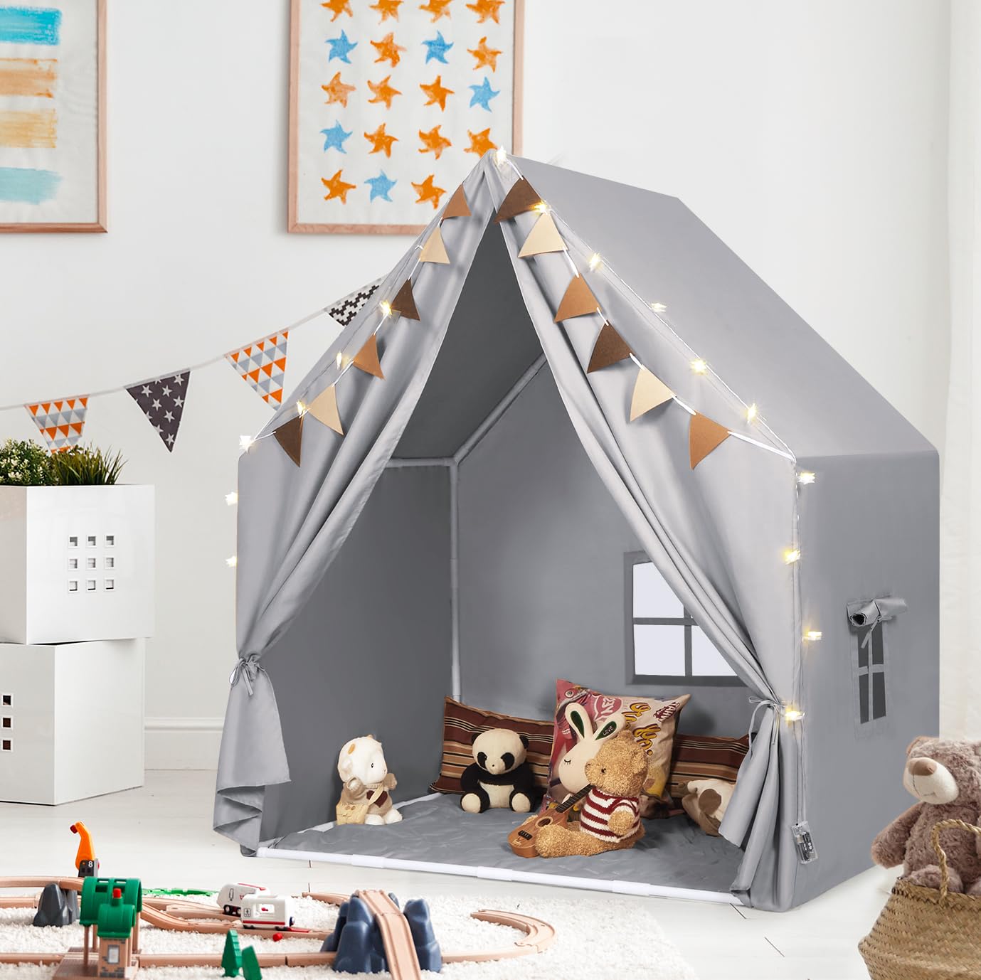Kids Play Tent with Padded Mat & Star LED Lights for Ages 4-8-10 Year Old Girls Boys