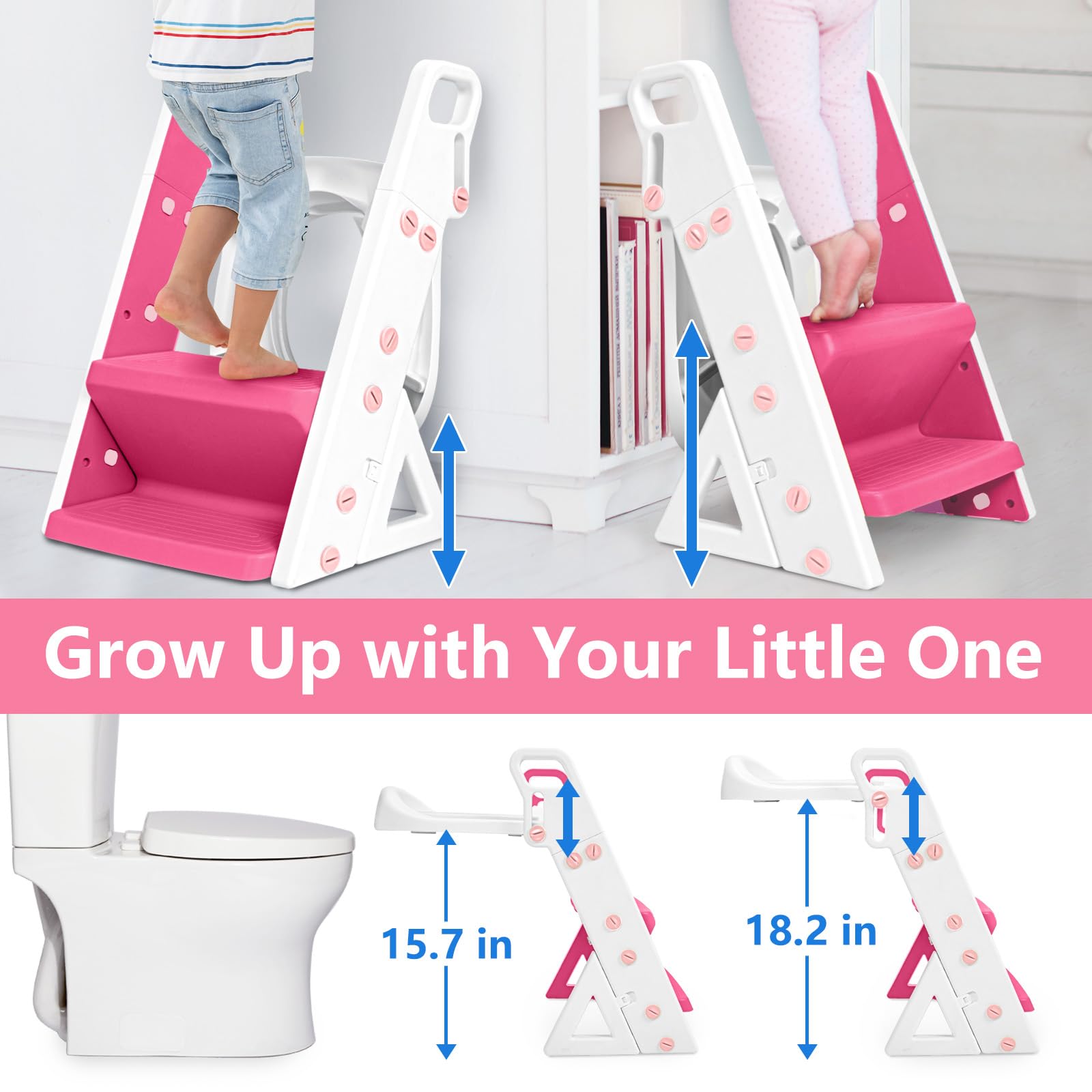 Beavtaens Easy Storage Potty Training Seat with Ladder, Adjustable Step and Toilet Seat Height, Easy-Grip Handles for Climbing, Foldable Portable Toddler Toilet Trainer, Perfect for Small Bathrooms