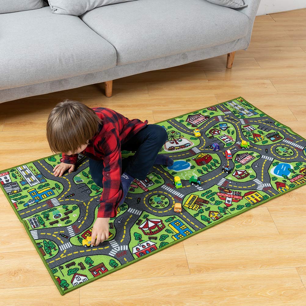 Kids Play Rugs - 12 Pull-Back Vehicle Set - Durable Carpet Playmat Rug - City Pretend