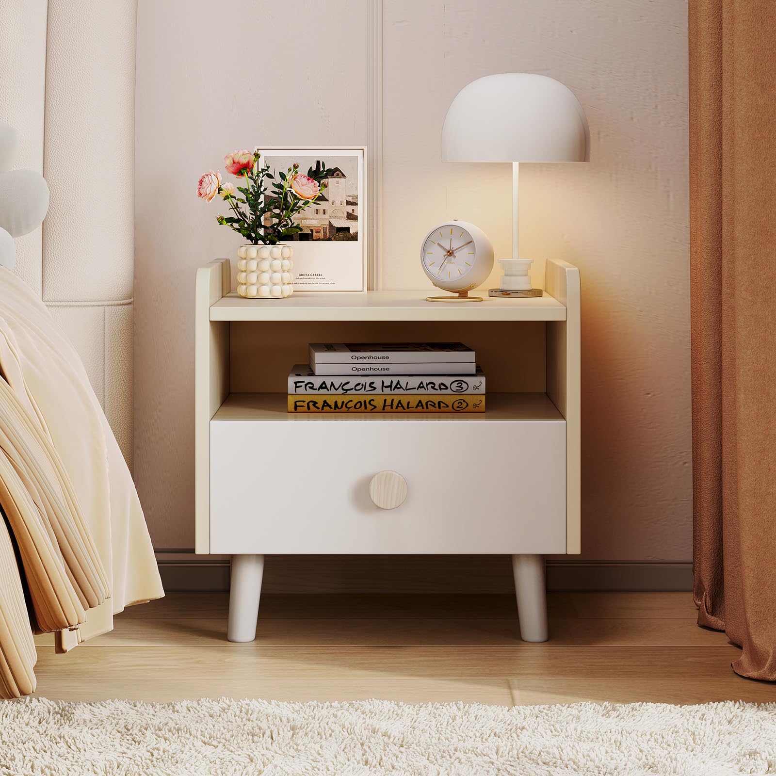 Nightstand with Drawer, Wooden Side Table with Open Shelf