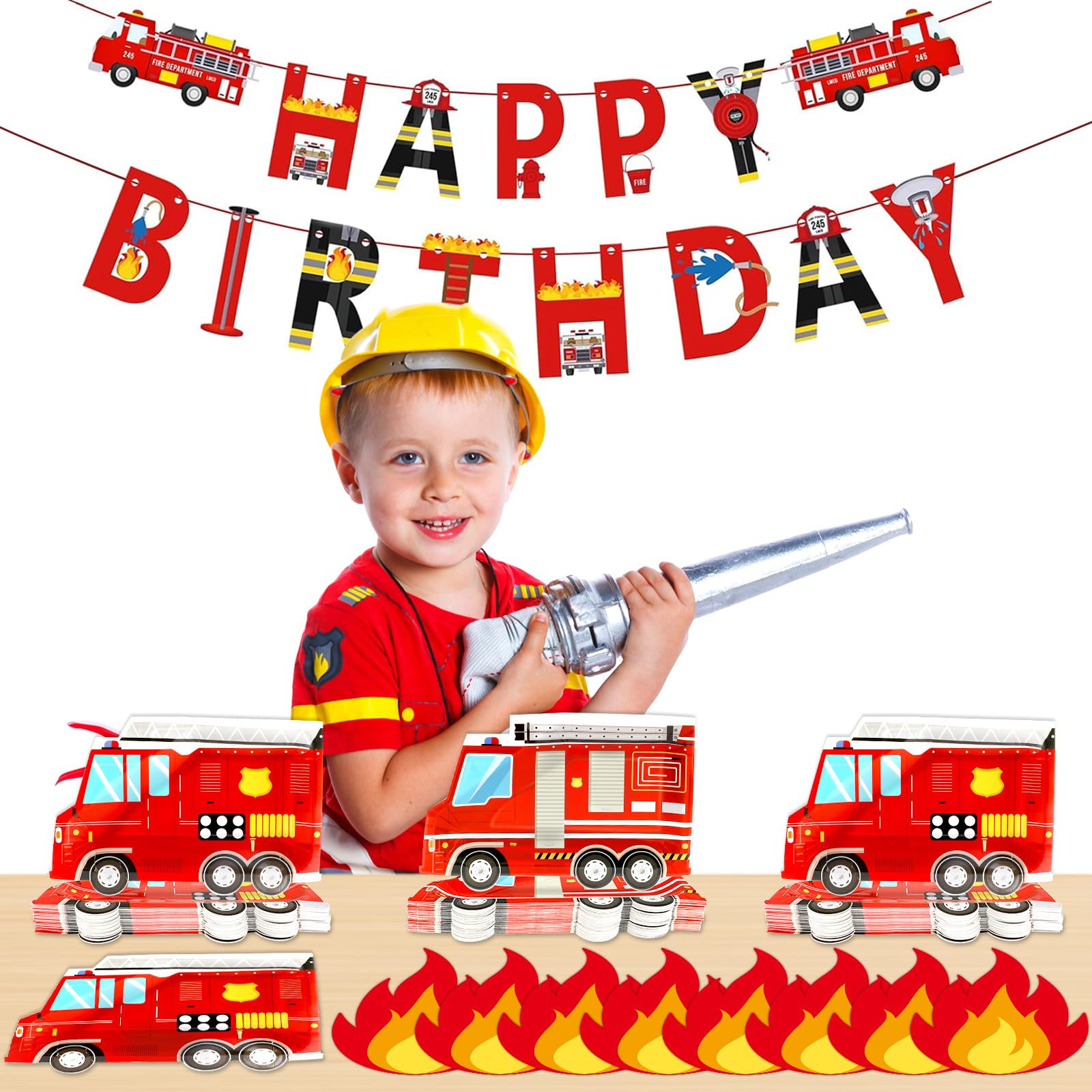 100Pcs Firetruck Birthday Party Plates and Fire Shaped Napkins Fireman Party Supplies