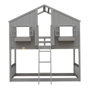 Twin Over Twin House Bunk Bed with Window Door and Roof