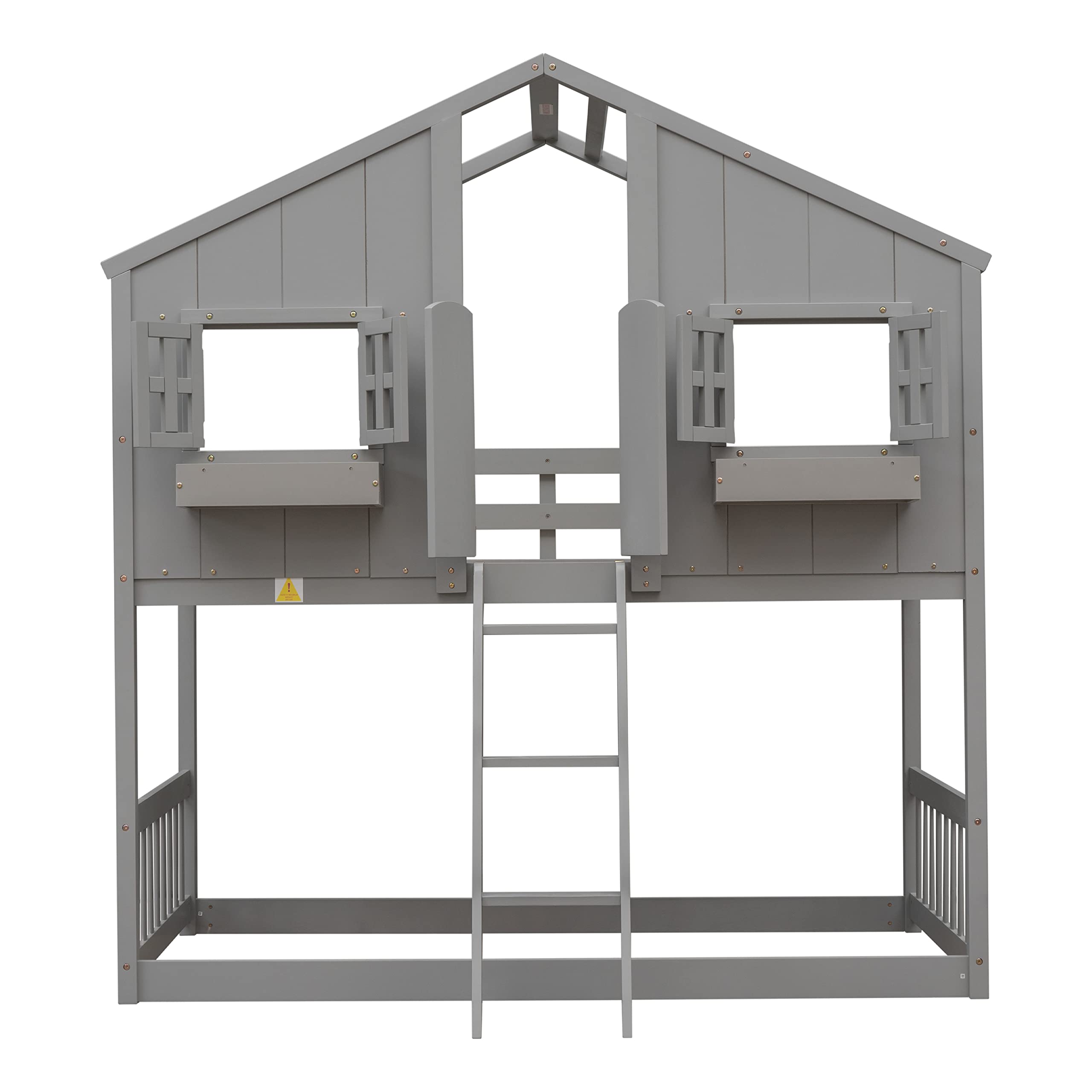Twin Over Twin House Bunk Bed with Window Door and Roof
