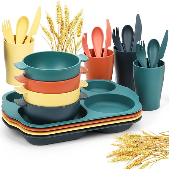 24 PCS Wheat Straw Dinnerware Set for Kids Toddler Plate Bowl Cup Sets