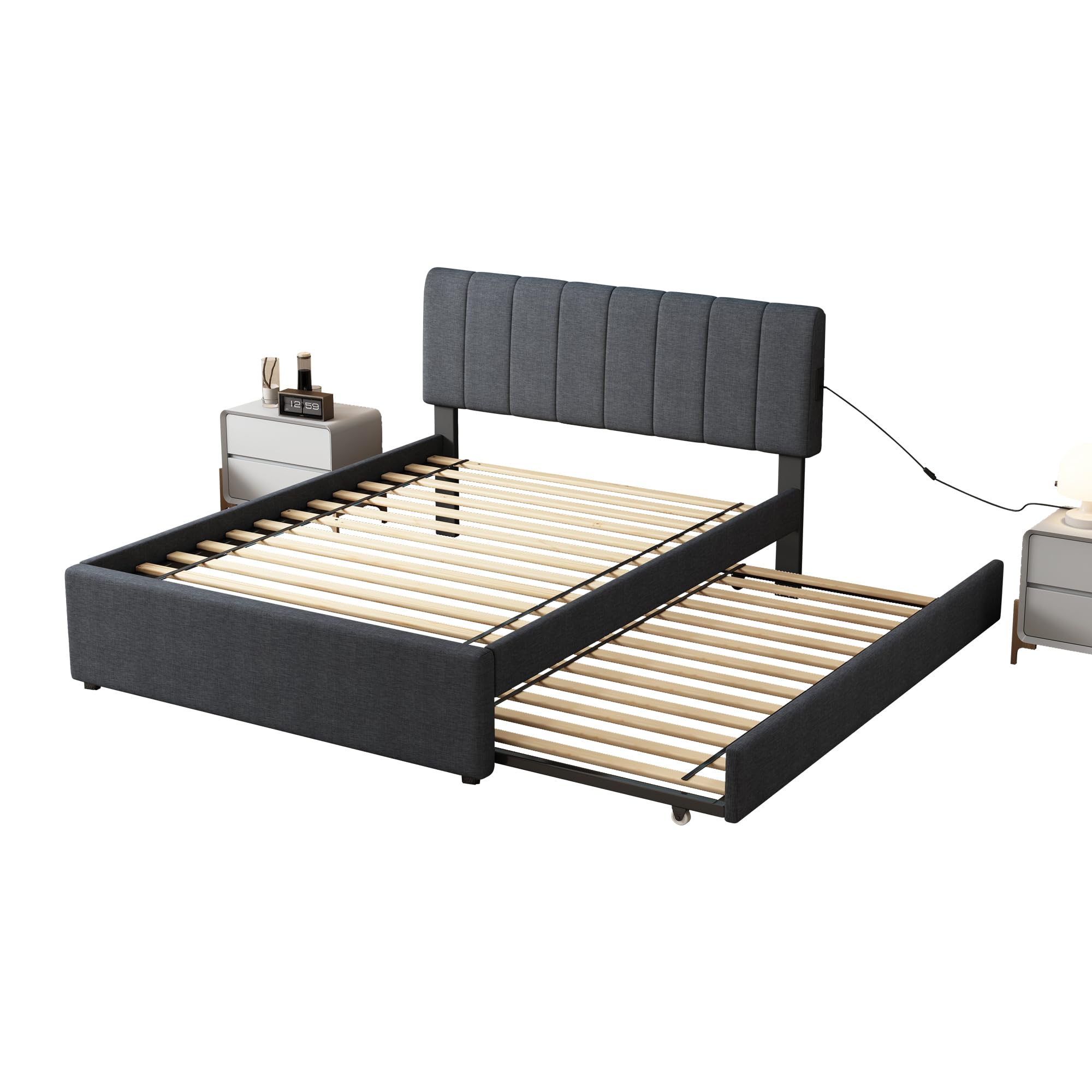 FAVSH Full Size Upholstered Platform Bed with Trundle and 1 Sets of USB, Linen Fabric Solid Wood Bedframe w/Wood Slats & LED Lights with APP for Bedroom,Dark Grey