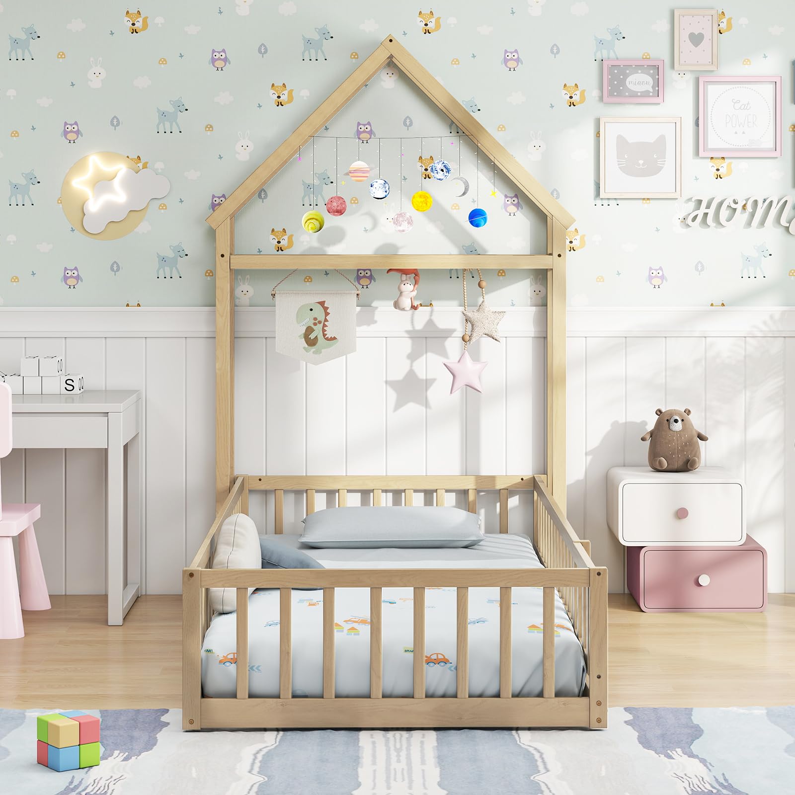 Twin House Floor Bed with Safety Rails and Clothes Hanger