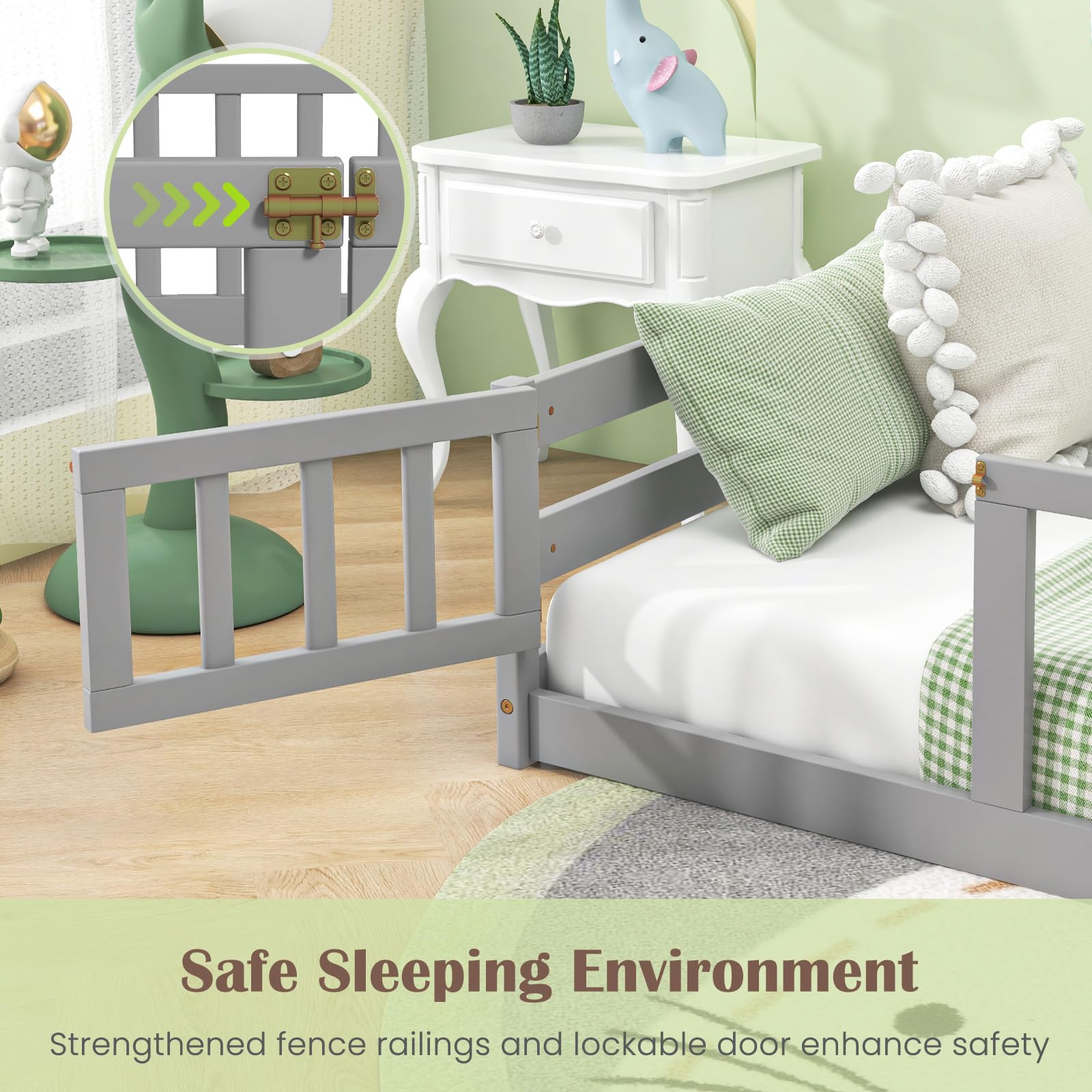 Twin Floor Bed with Door and Fence for Kids