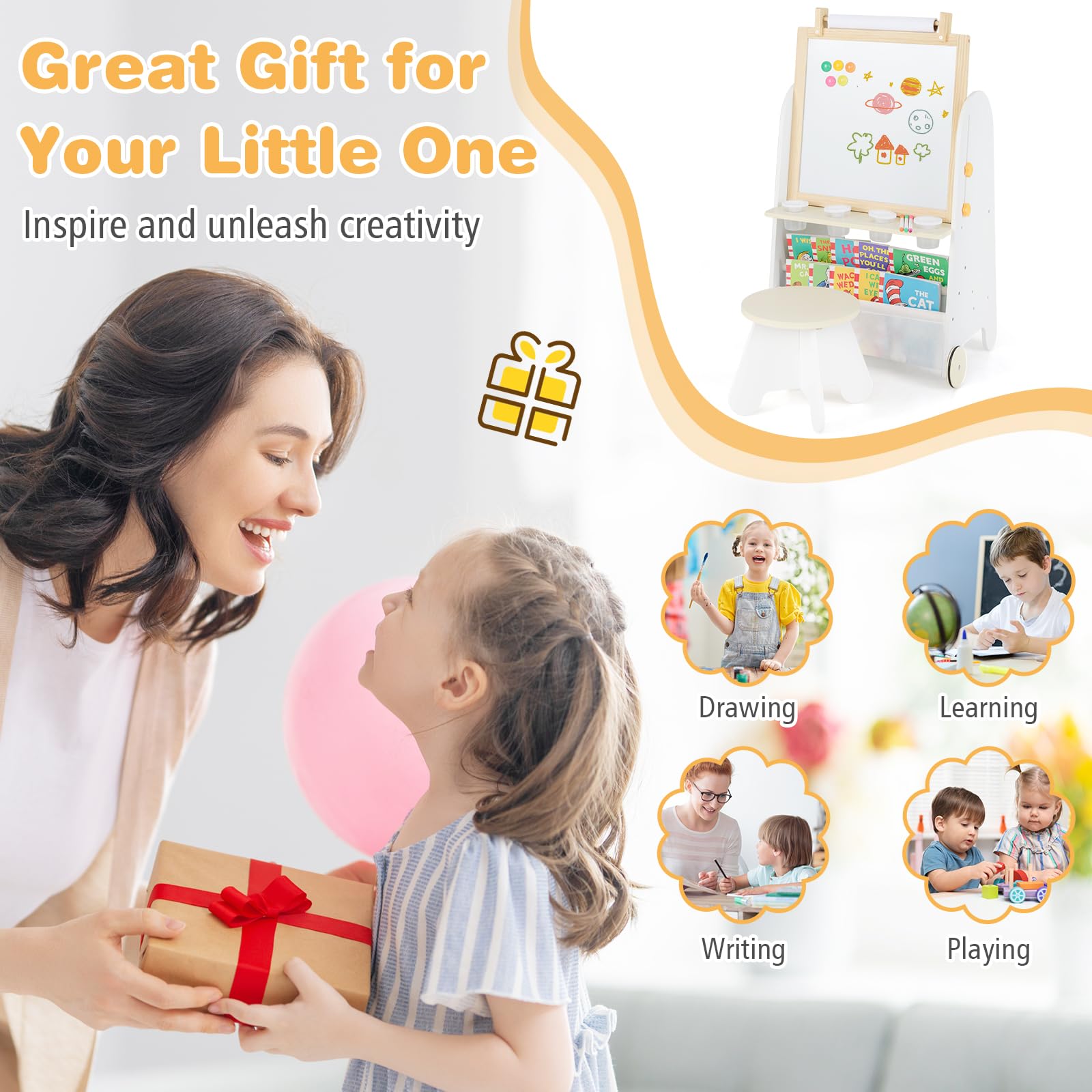 Costzon Easel for Kids, 4 in 1 Toddler Activity Table & Stool Set with Magnetic Whiteboard, Chalk Board, Paper Roll, Art Supplies, Large Desktop and Bookshelves, Kids Art Easel for Boys Girls (Beige)