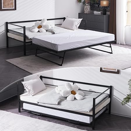 Daybed with Pop Up Trundle, Heavy Duty Metal Twin Bed