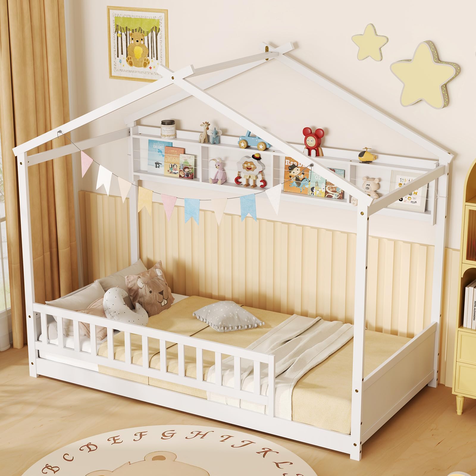 Twin Floor House Bed with Storage Shelf and Safety Guardrails