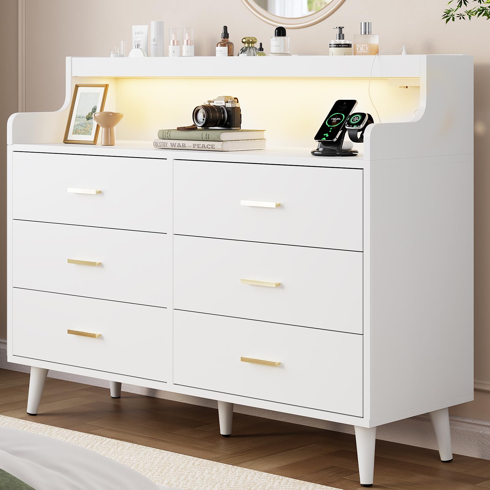 Wooden Dresser with Charging Station and LED Lights
