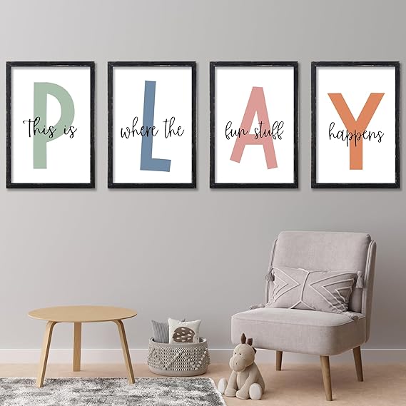 The Fun Stuff Happens Kids Playroom Wall Art Decor 16x11 Inch Set