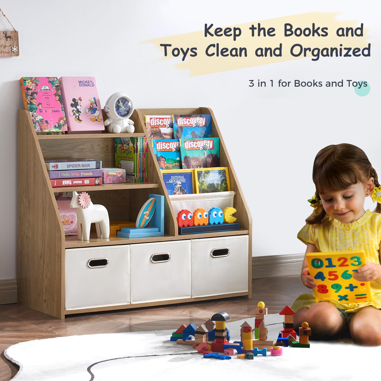 Kids Bookshelf with Storage Bins and Display Shelf