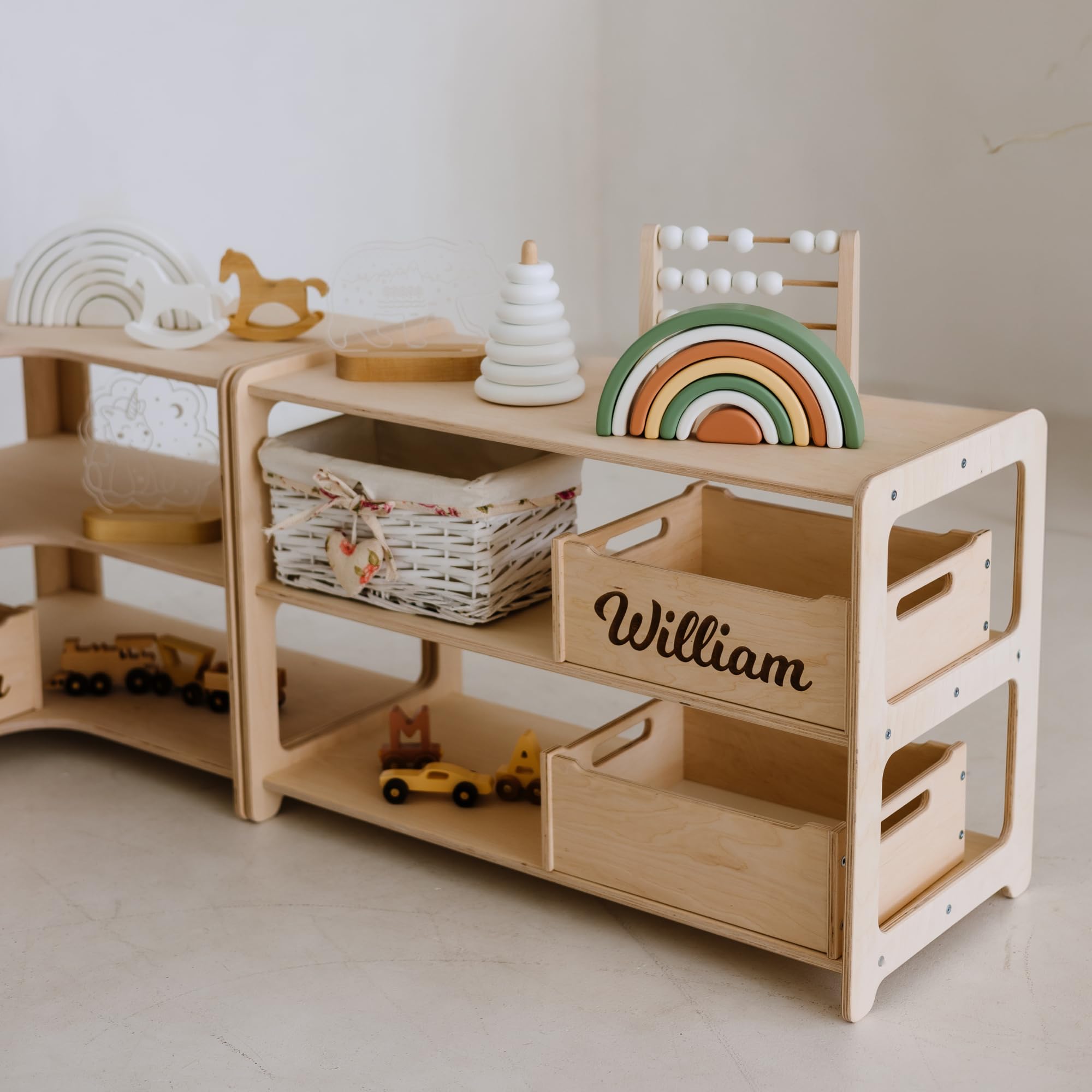 Wooden Kids Shelves Set - Montessori Bookshelf and Toy Storage