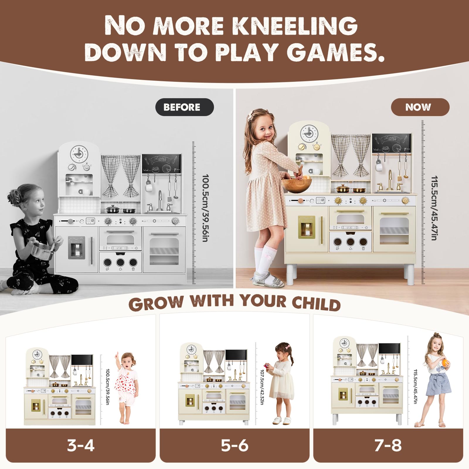 Height Adjustable Wooden Kitchen Playset with Accessories
