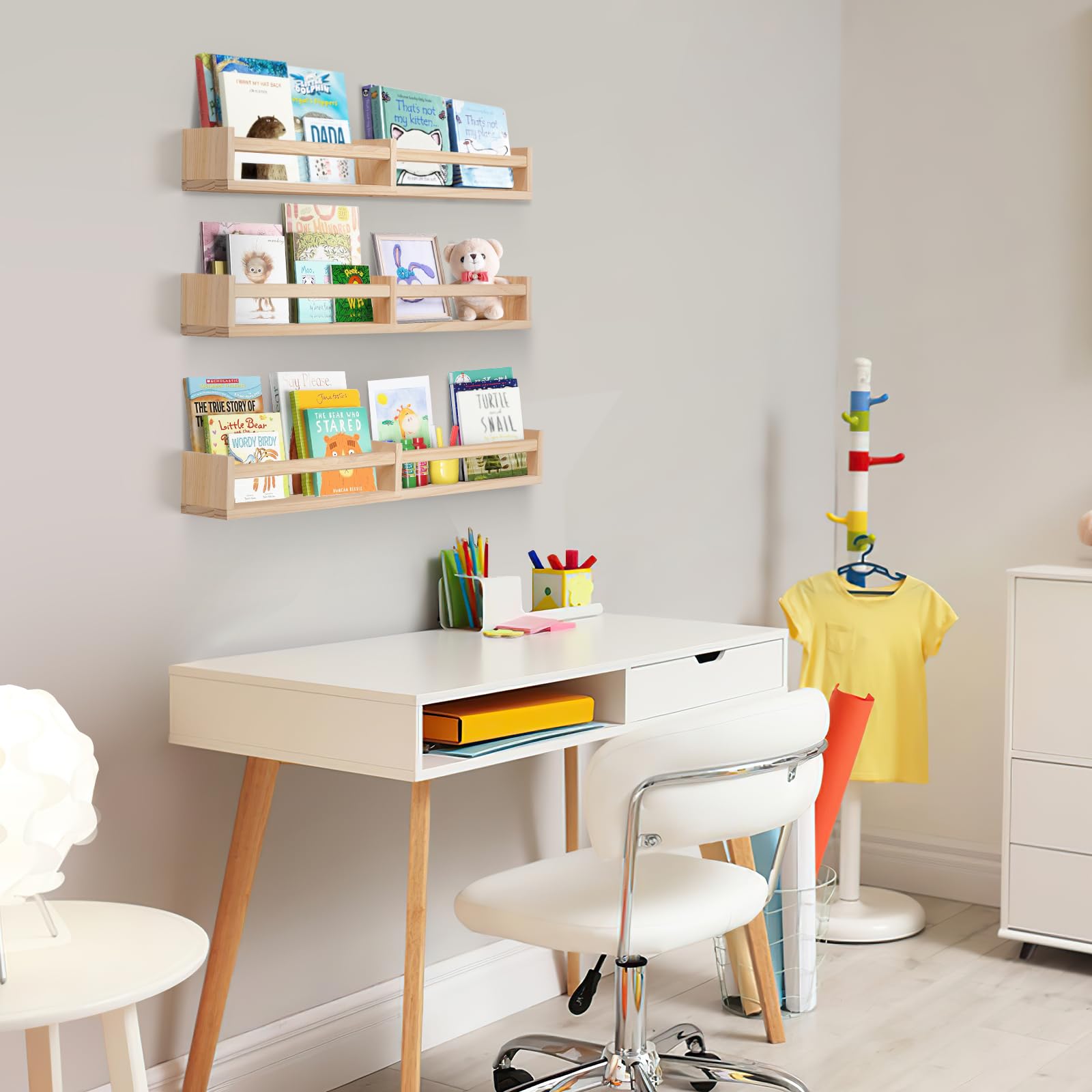Wall Mounted Nursery Bookshelf Set of 3 Natural Wood
