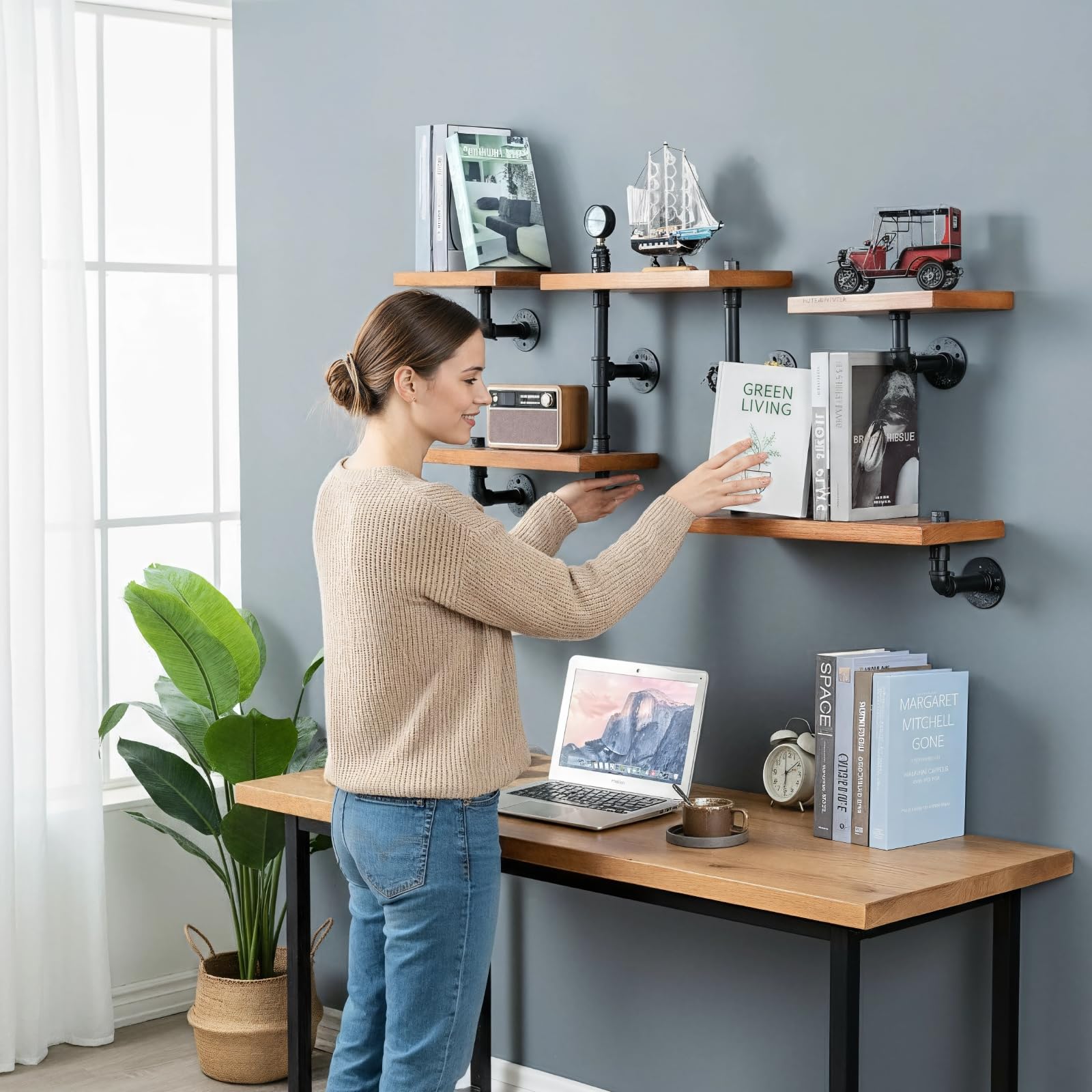 Industrial Wood Ladder Pipe Wall Shelves