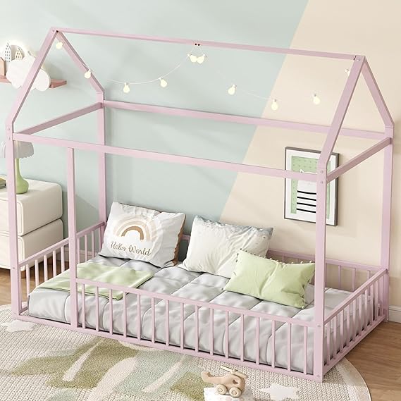 Twin Floor Bed Frame, Metal Montessori Floor Bed Twin with Fence for Boys