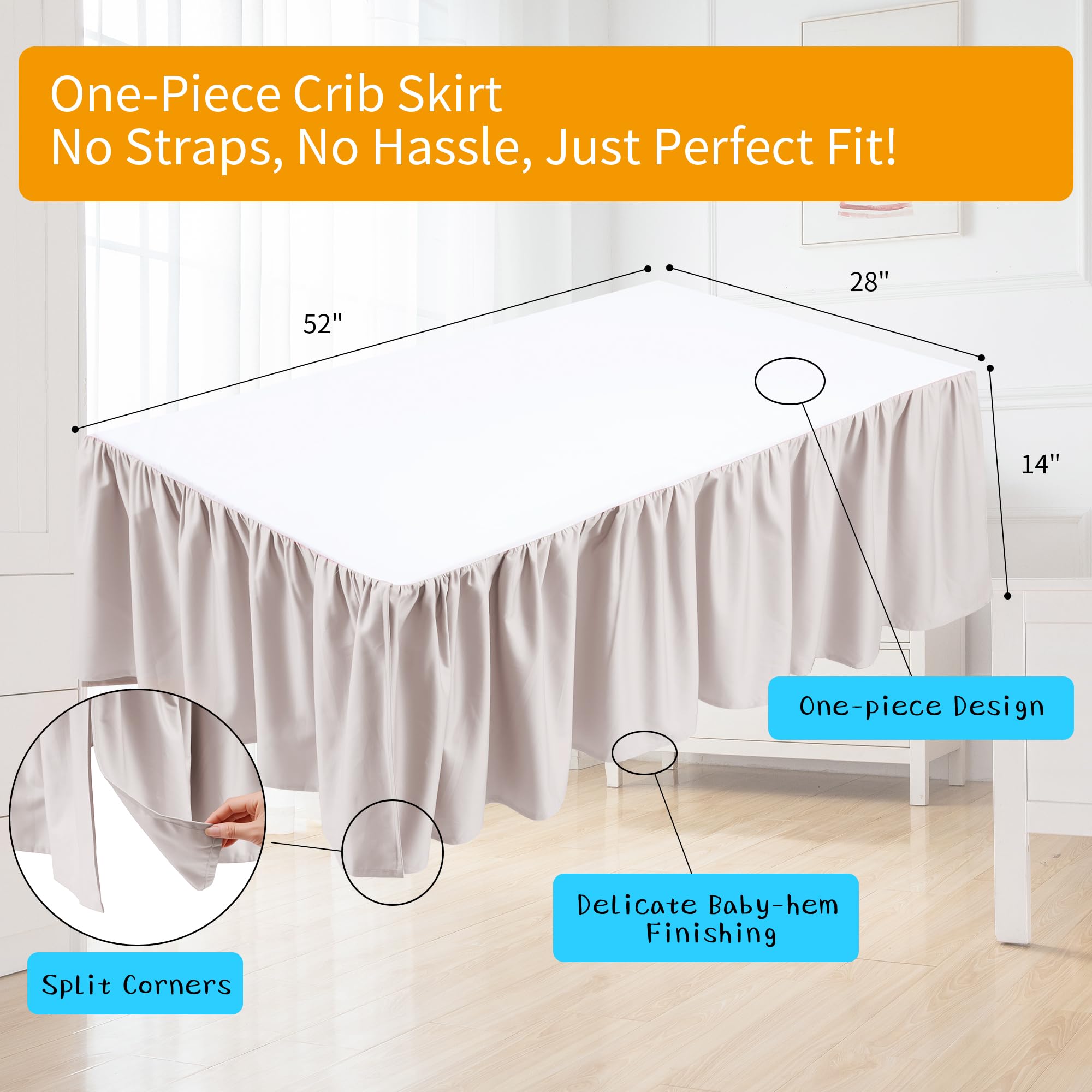 Crib Bed Skirt Dust Ruffle 100% Cotton - Natural, Soft, Breathable for Baby's Delicate Skin, Nursery Toddler Crib Bed Skirt for Baby Boys Girls, Fits Standard Cribs 28" x 52" with 14" Drop