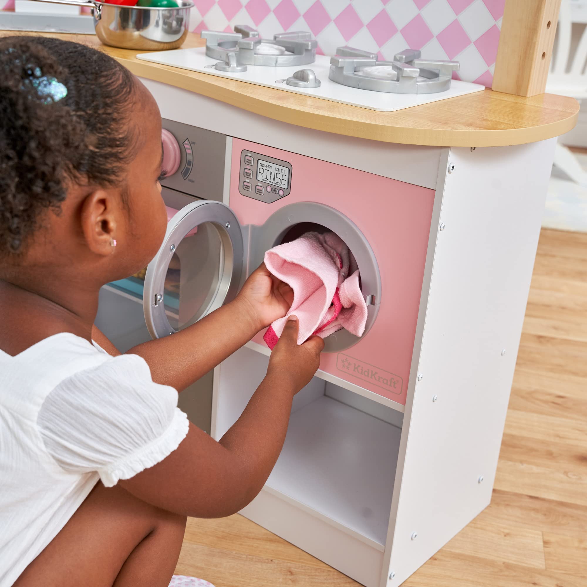 Corner Wooden Play Kitchen with Washer and Accessories