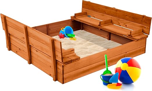 Kids' Outdoor Wooden Sandbox Large, Cedar Wood with Foldable Bench