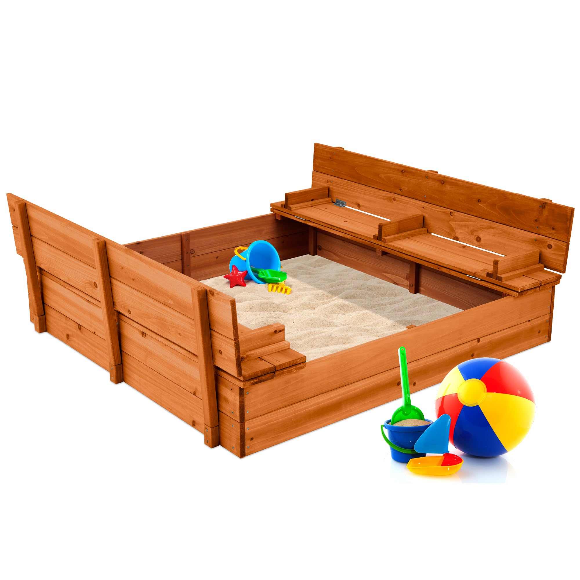 Kids' Outdoor Wooden Sandbox Large, Cedar Wood with Foldable Bench